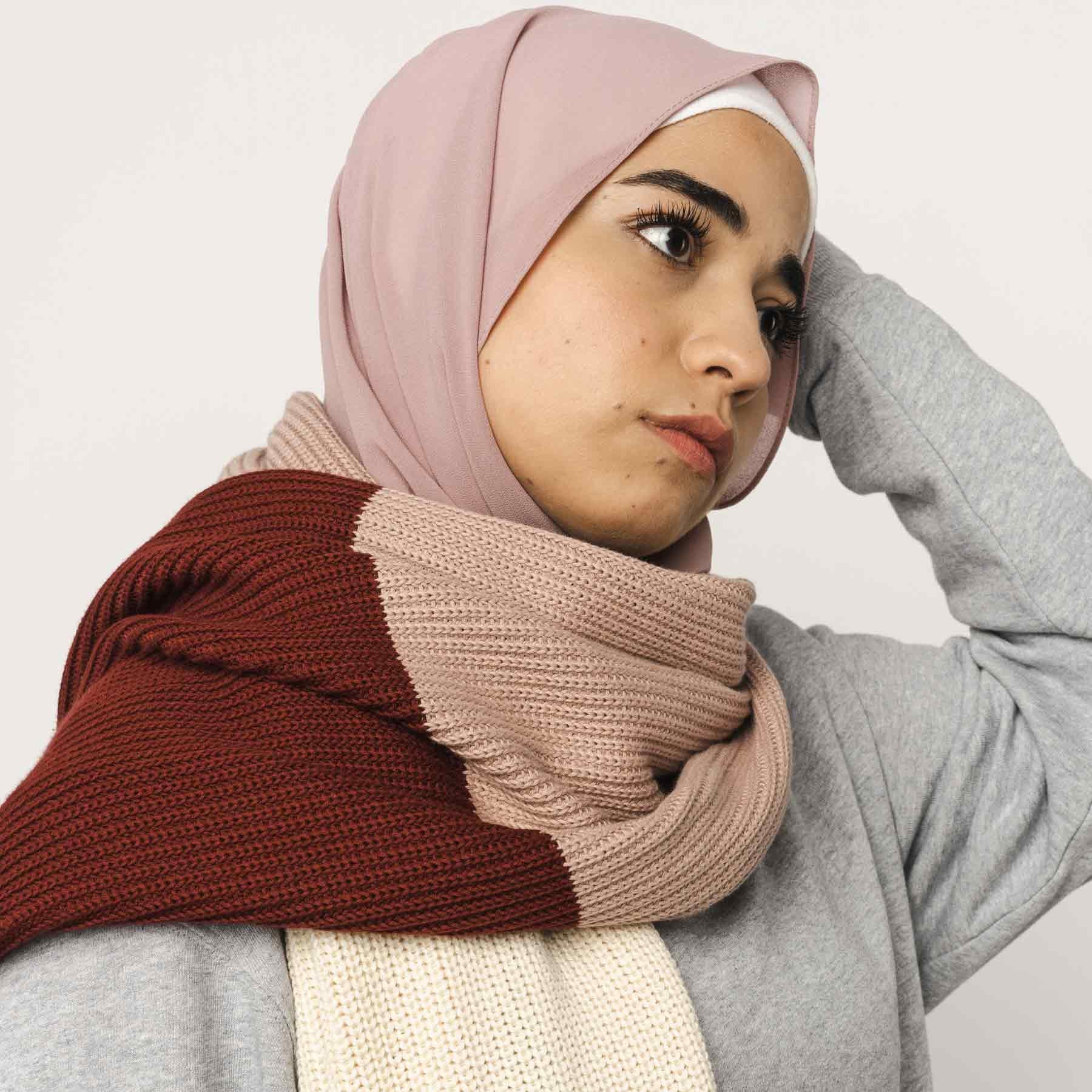 MELA Unisex Rippstrick Schal "KAZIM" - burgunderrot-rose-cream