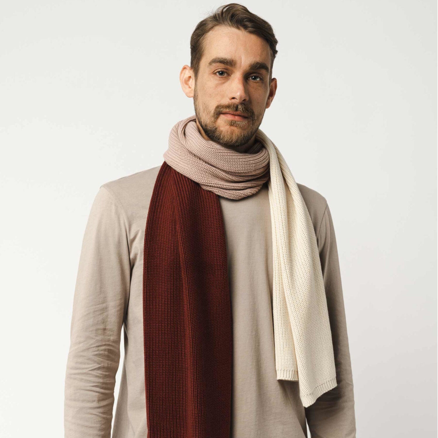 MELA Unisex Rippstrick Schal "KAZIM" - burgunderrot-rose-cream