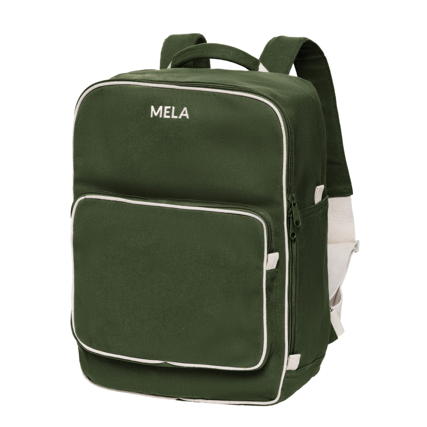 Dunkelgrüner Rucksack mit weißem Rand und der Aufschrift "MELA" auf der Vorderseite.
