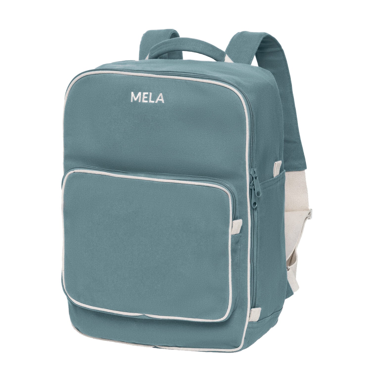 Blauer Rucksack mit der Aufschrift "MELA" auf der Oberseite, einem großen Hauptfach und einer vorderen Reißverschlusstasche.
