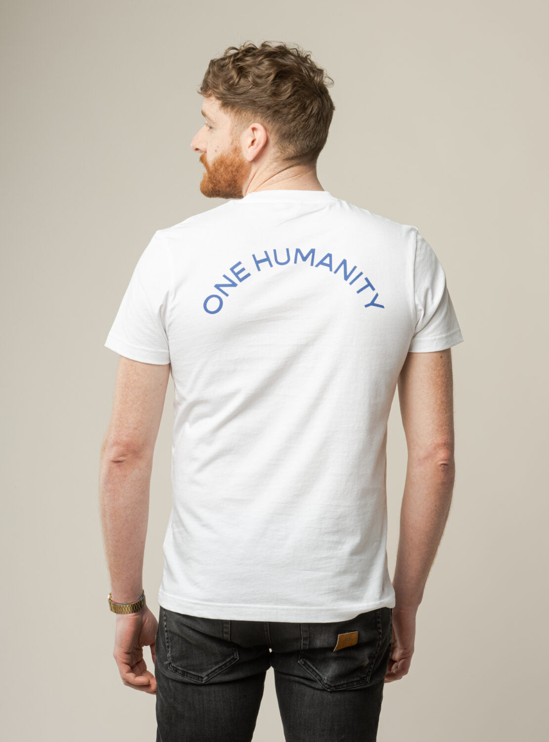 MELA Herren T-Shirt "AVAN" ONE-HUMANITY - Weiß - Druck Cobalt