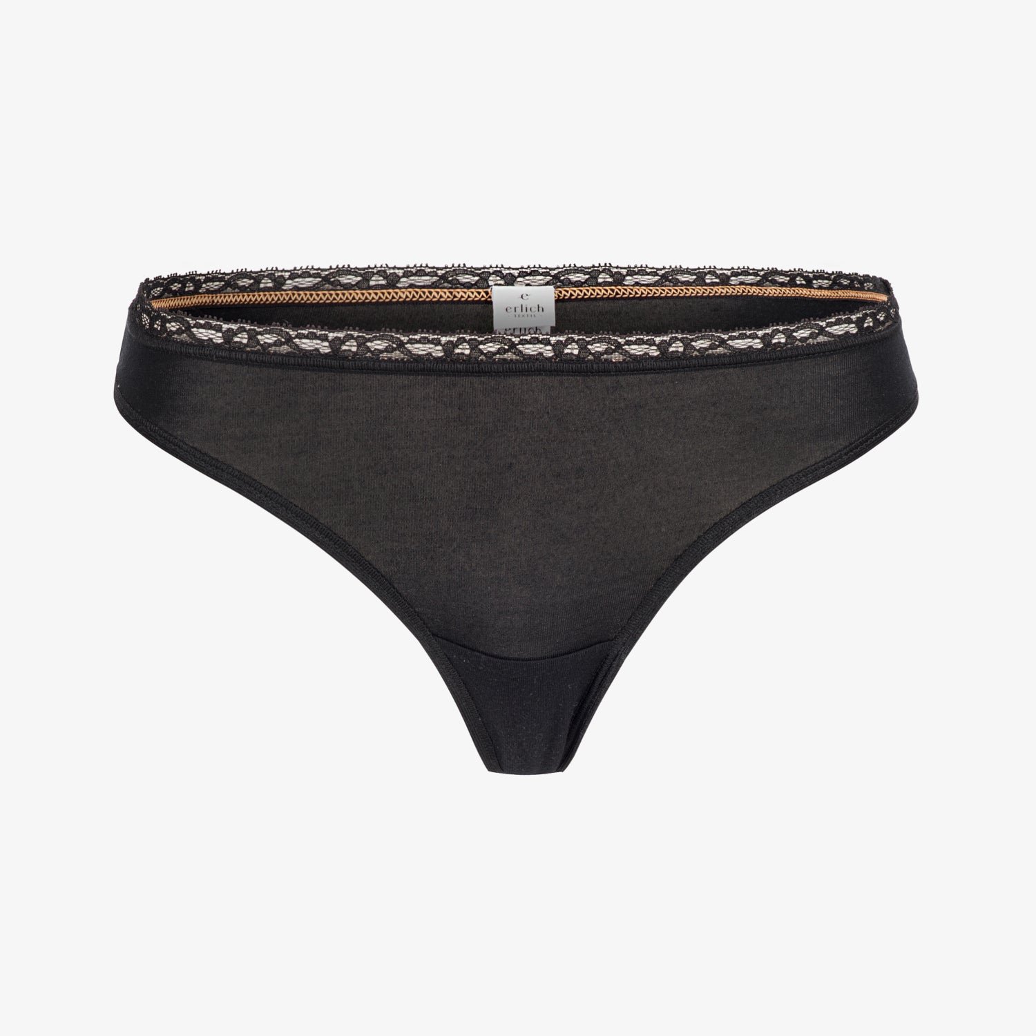 Schwarzer Spitzen-String aus transparentem Stoff mit Spitzenborten am Bund, auf weißem Hintergrund.