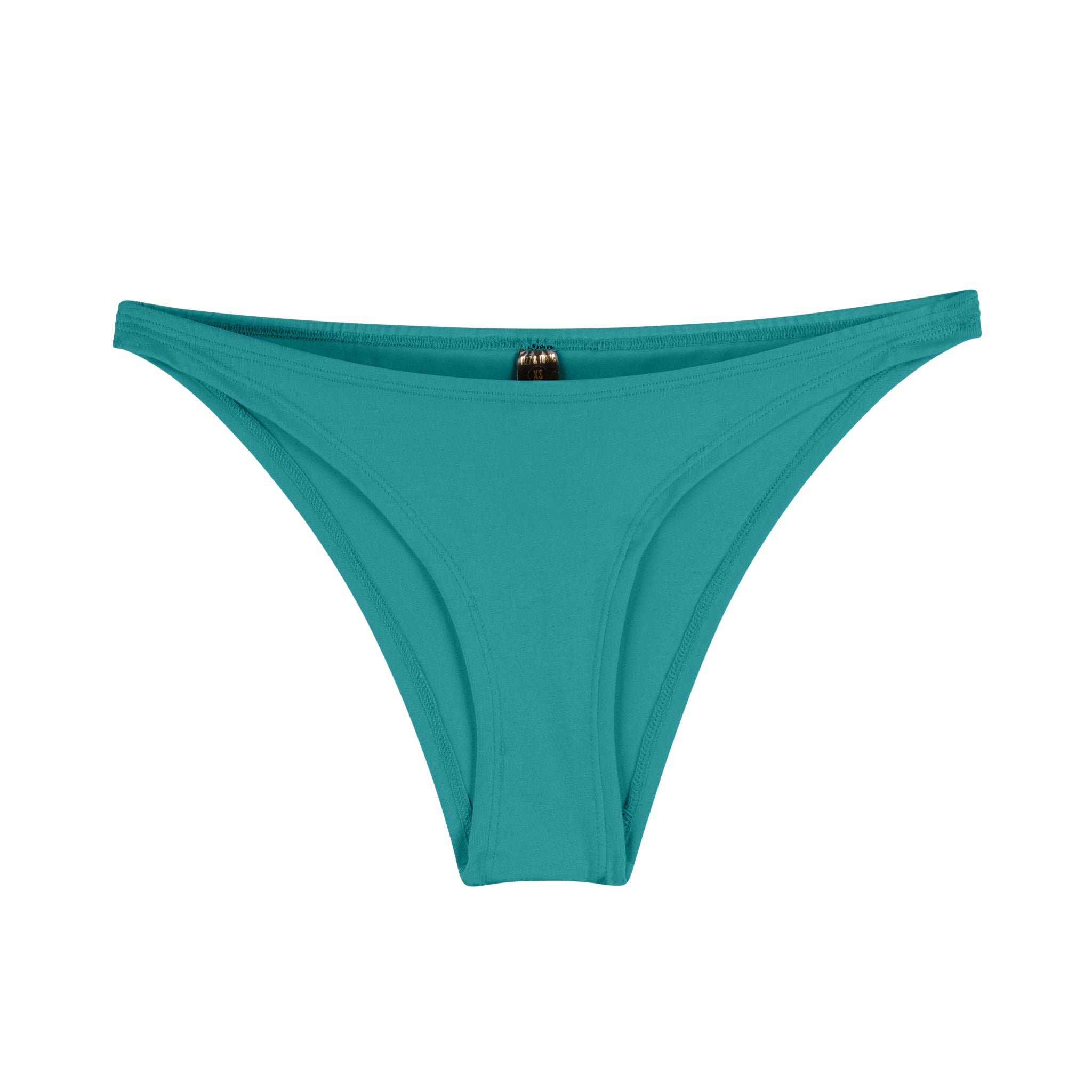 Türkise Bikinihose mit minimalistischem Design und kleinem Goldanhänger vorne.