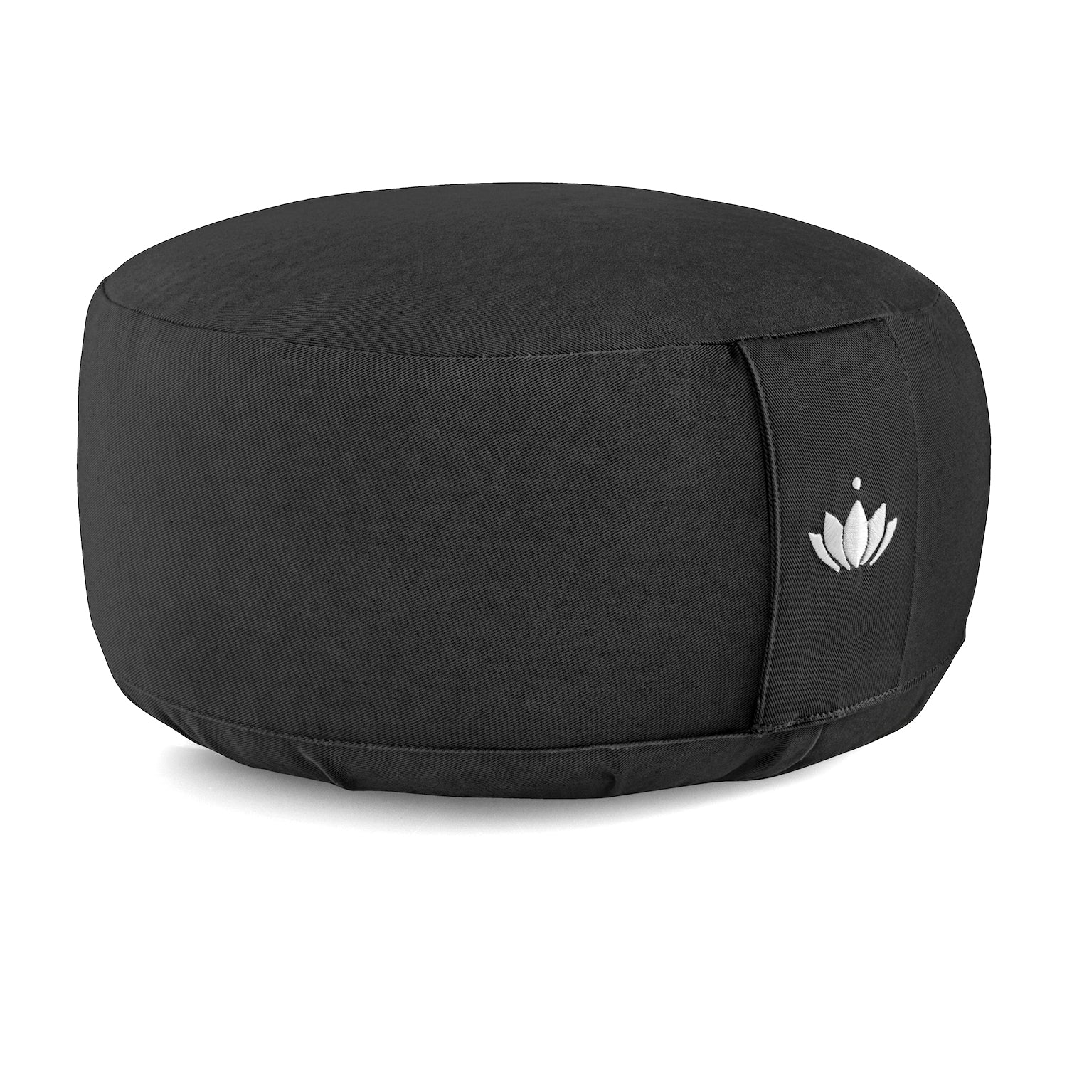 Schwarzes, rundes Meditationskissen mit Lotus-Motiv.