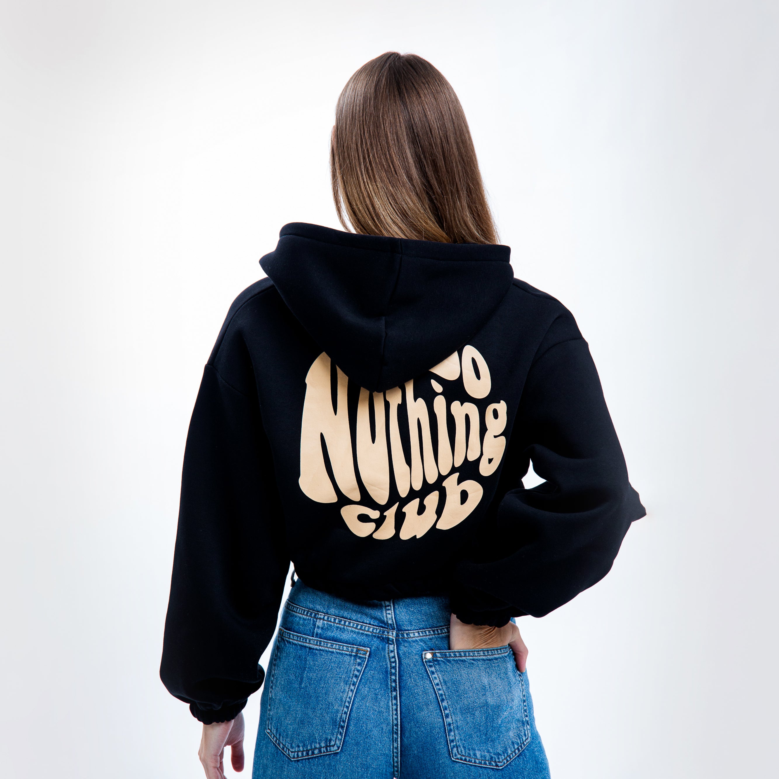 On Vacation Unisex Crop Zip Hoodie "Round Logo" - Black