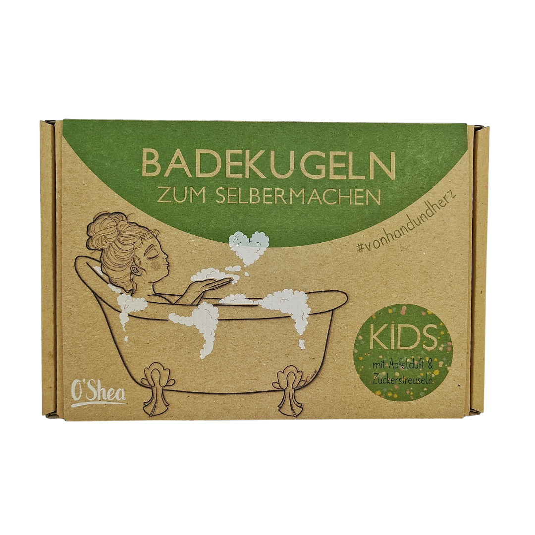 Verpackung für Badekugeln zum Selbermachen mit Illustration einer Frau in der Badewanne und Text "Kids" und "von Hand und Herz".