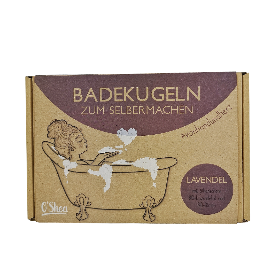 Kartonverpackung mit der Aufschrift "Badekugeln zum Selbermachen, Lavendel" und einer Zeichnung von einer Frau in der Badewanne.