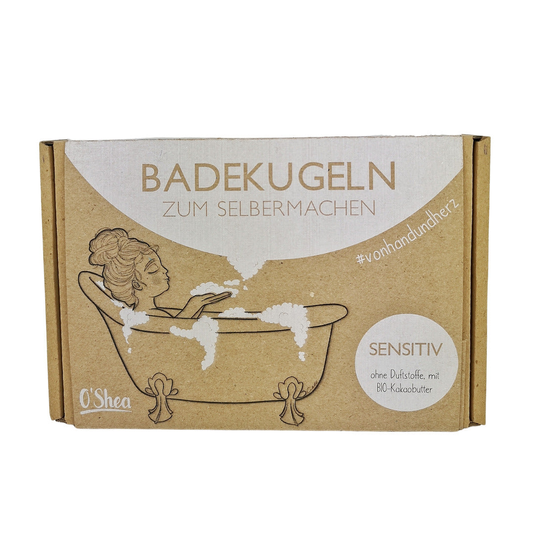Verpackung für DIY-Badekugeln mit sensibler Hautformulierung, illustriert mit einer Frau in einer Badewanne.