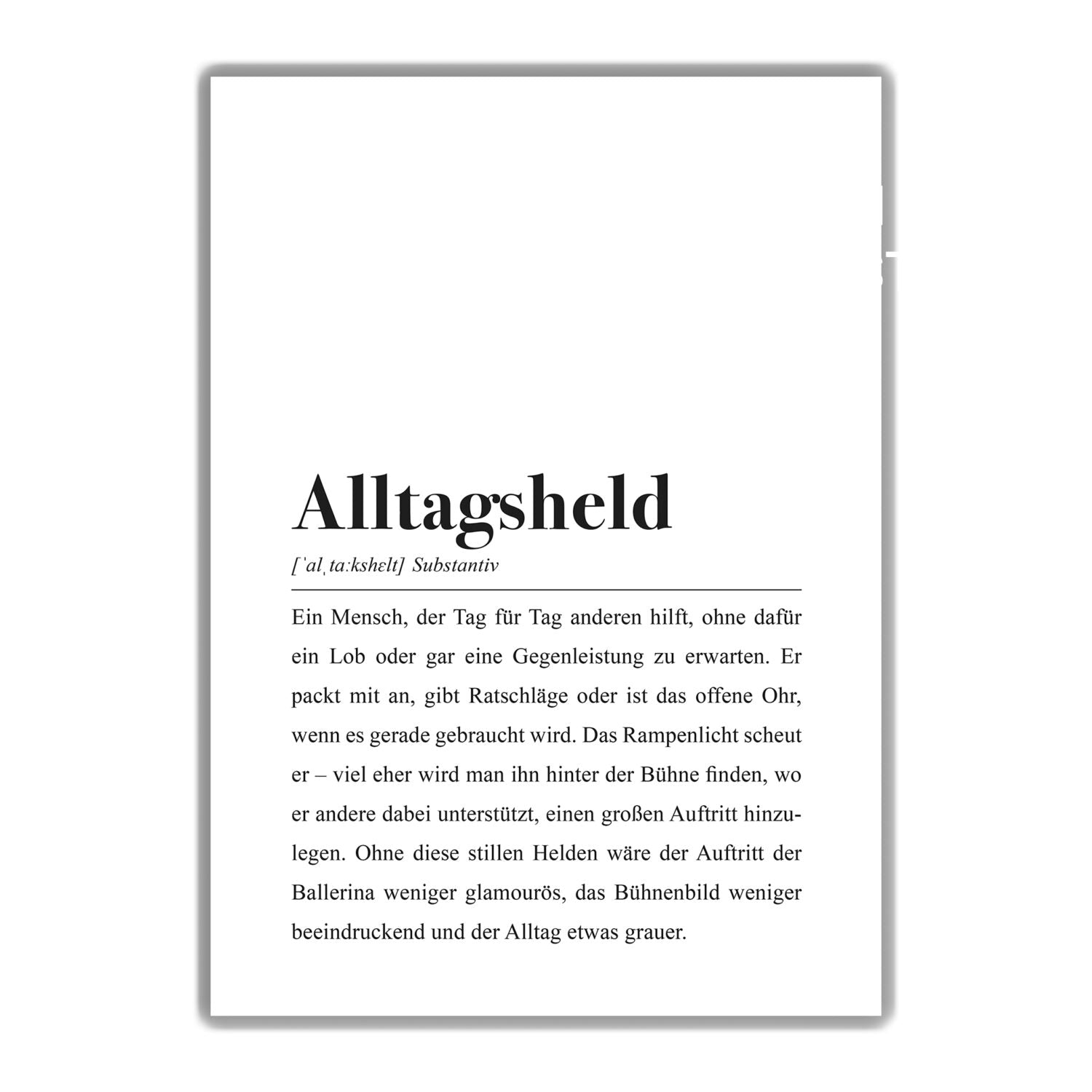 Ein Text beschreibt den Begriff "Alltagsheld" als jemanden, der unentgeltlich und bescheiden anderen hilft.