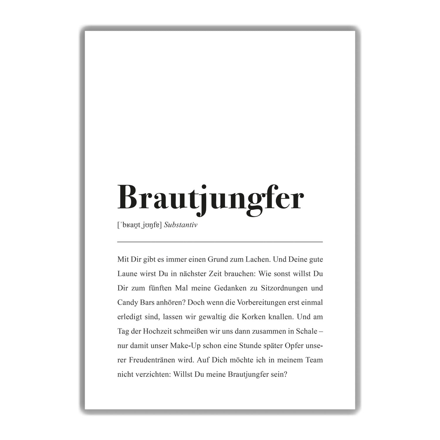 Karte mit dem Wort "Brautjungfer" und Text über Freundschaft und Hochzeitsvorbereitungen.