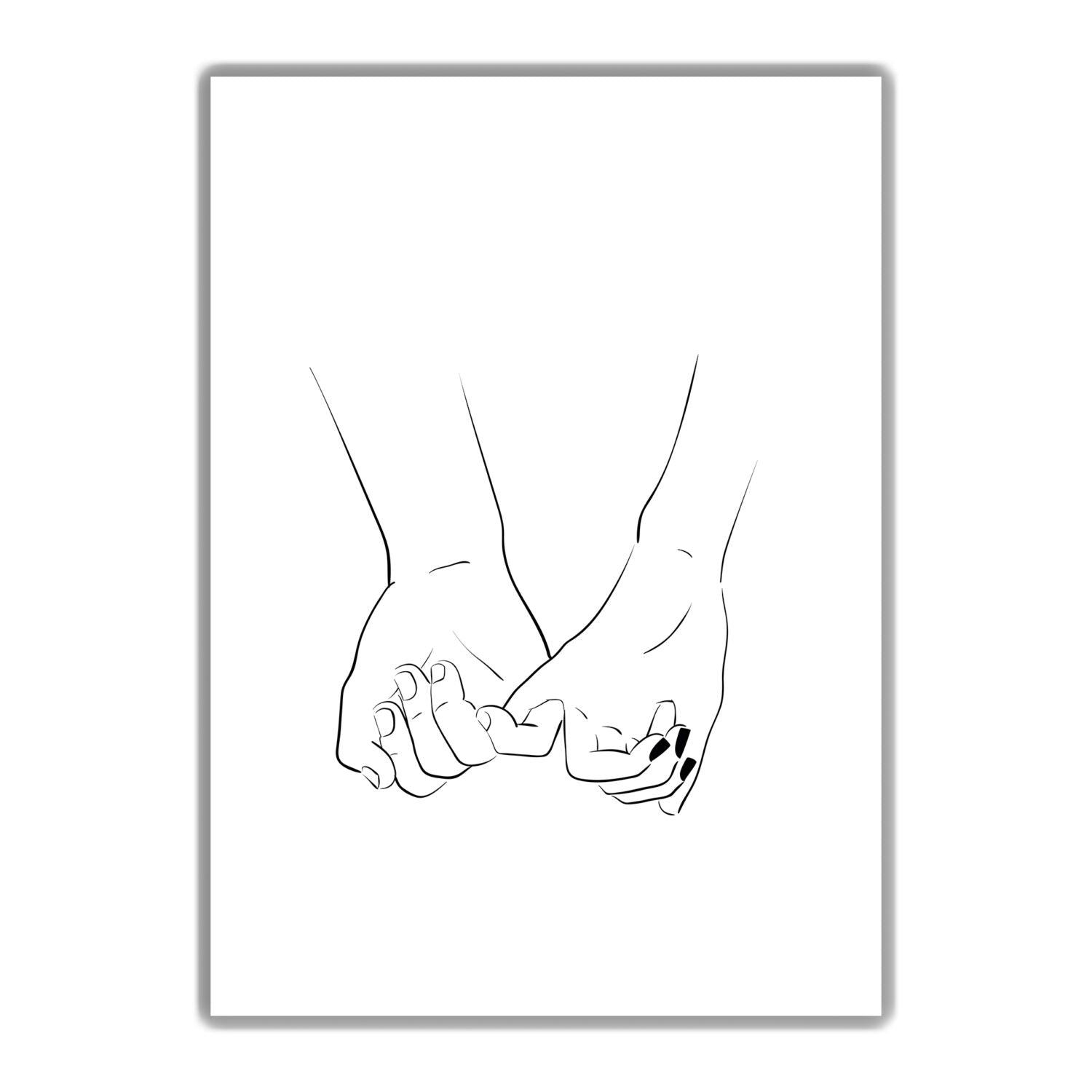 Skizze von zwei Händen, die sich mit den kleinen Fingern ineinander verschlungen halten, auf weißem Hintergrund.
