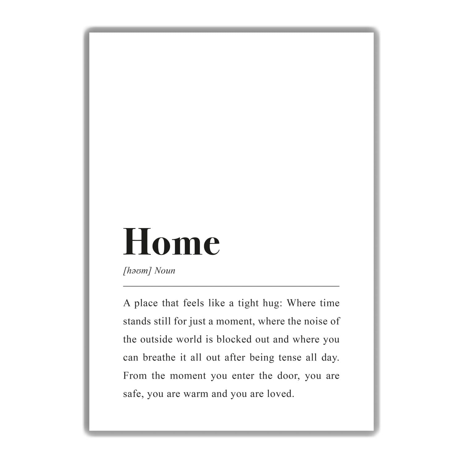Textbild mit der Definition von "Home" als Ort der Geborgenheit, wo Sorgen vergessen und man geliebt wird.