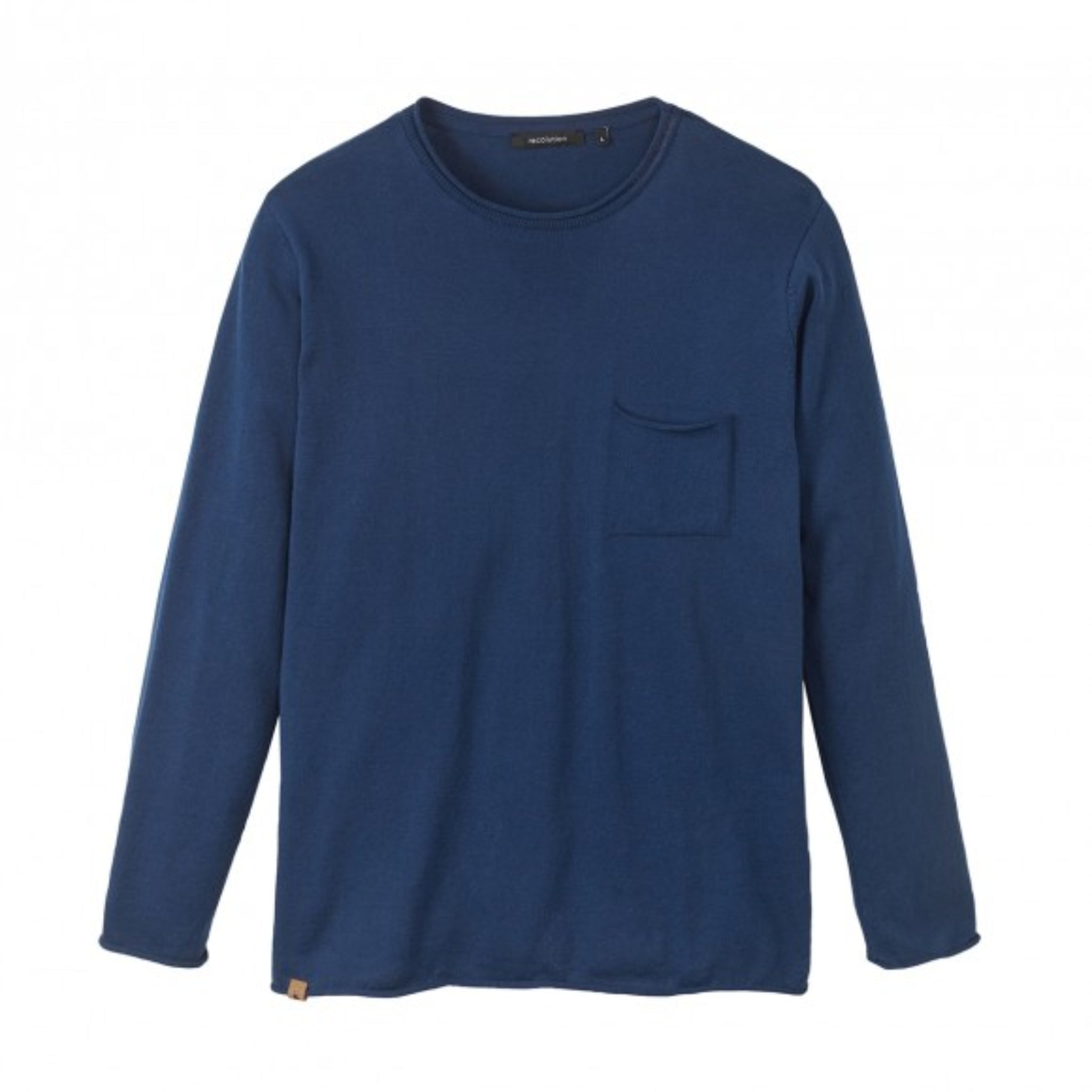 Blaues langärmeliges T-Shirt mit Rundhalsausschnitt und Brusttasche.
