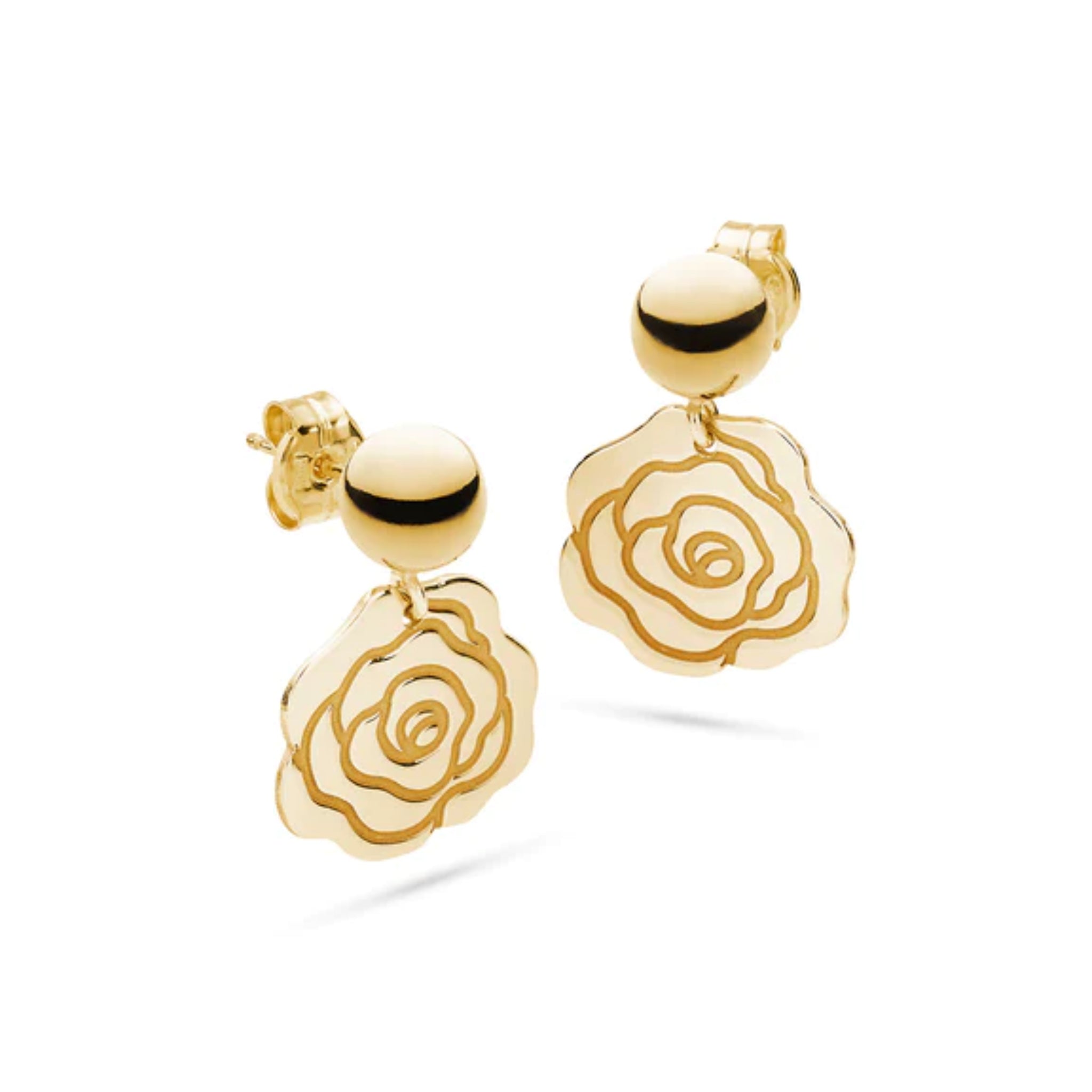 Goldene Ohrringe mit Blumenmuster aus Metall, bestehend aus einer Kugel und einem hängenden, stilisierten Blütenanhänger.