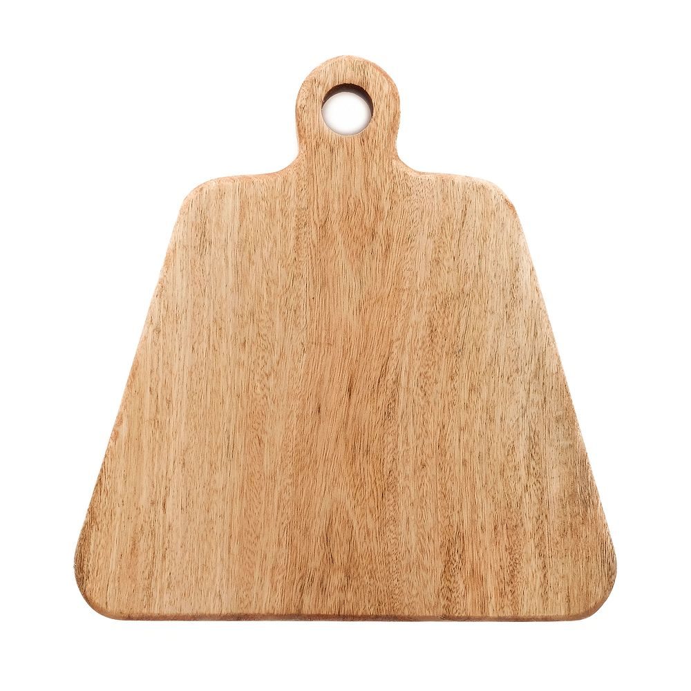 Holzschneidebrett mit trapezförmiger Form und rundem Griff mit Loch, auf weißem Hintergrund.