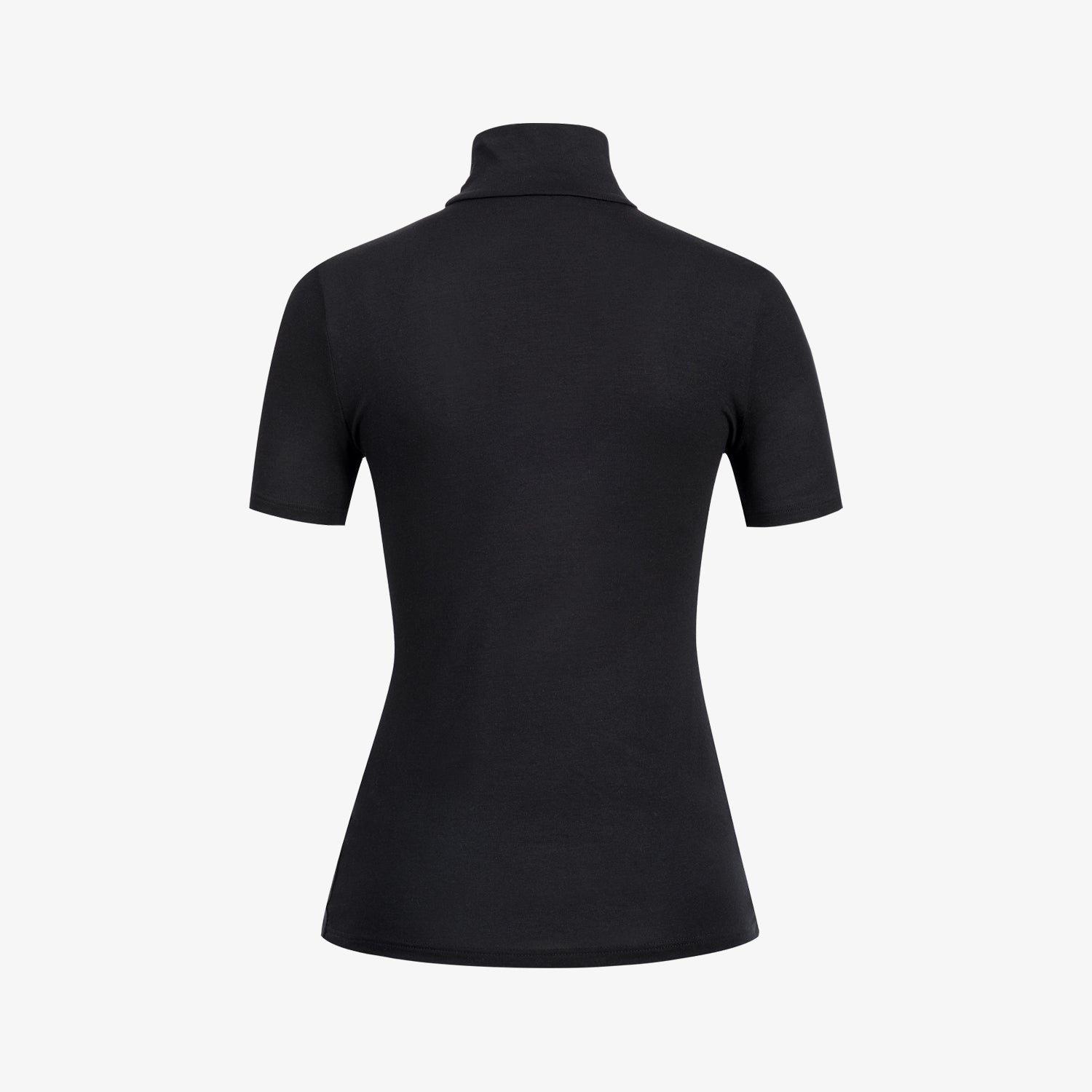 Schwarzes Kurzarm-T-Shirt mit Stehkragen, Rückansicht, auf weißem Hintergrund.