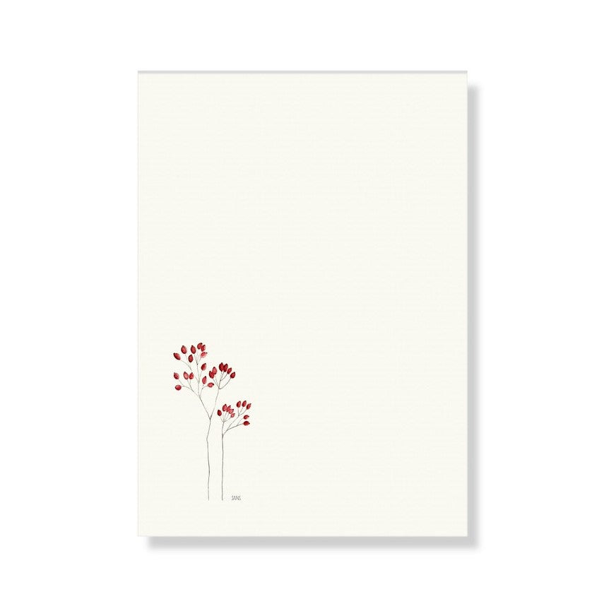 Minimalistische Zeichnung mit zwei dünnen Ästen und roten Beeren auf weißem Hintergrund.