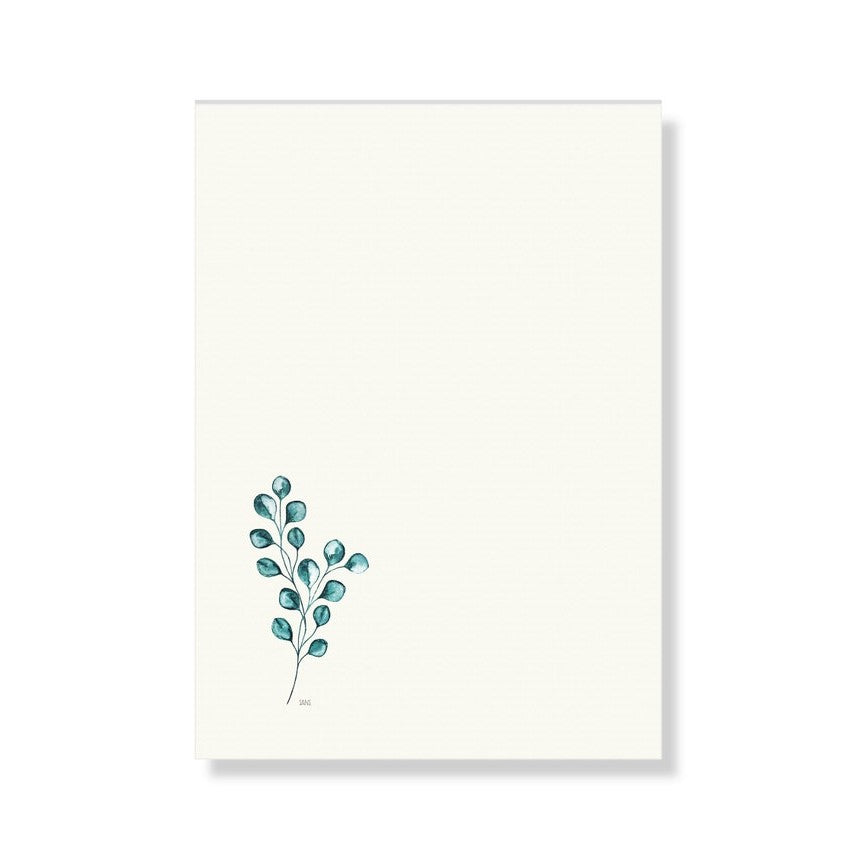 Minimalistisches Kunstwerk mit einem kleinen grünen Zweig im unteren linken Bereich auf weißem Hintergrund.