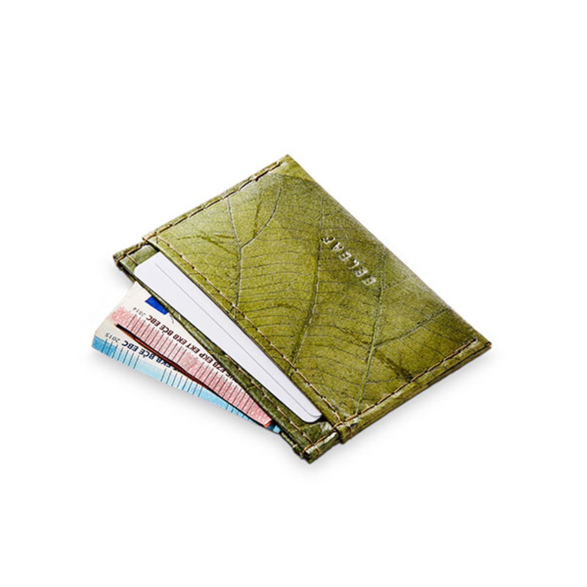Grüne Geldbörse mit Blattmuster, gefüllt mit Bankkarten und Scheinen, auf weißem Hintergrund.