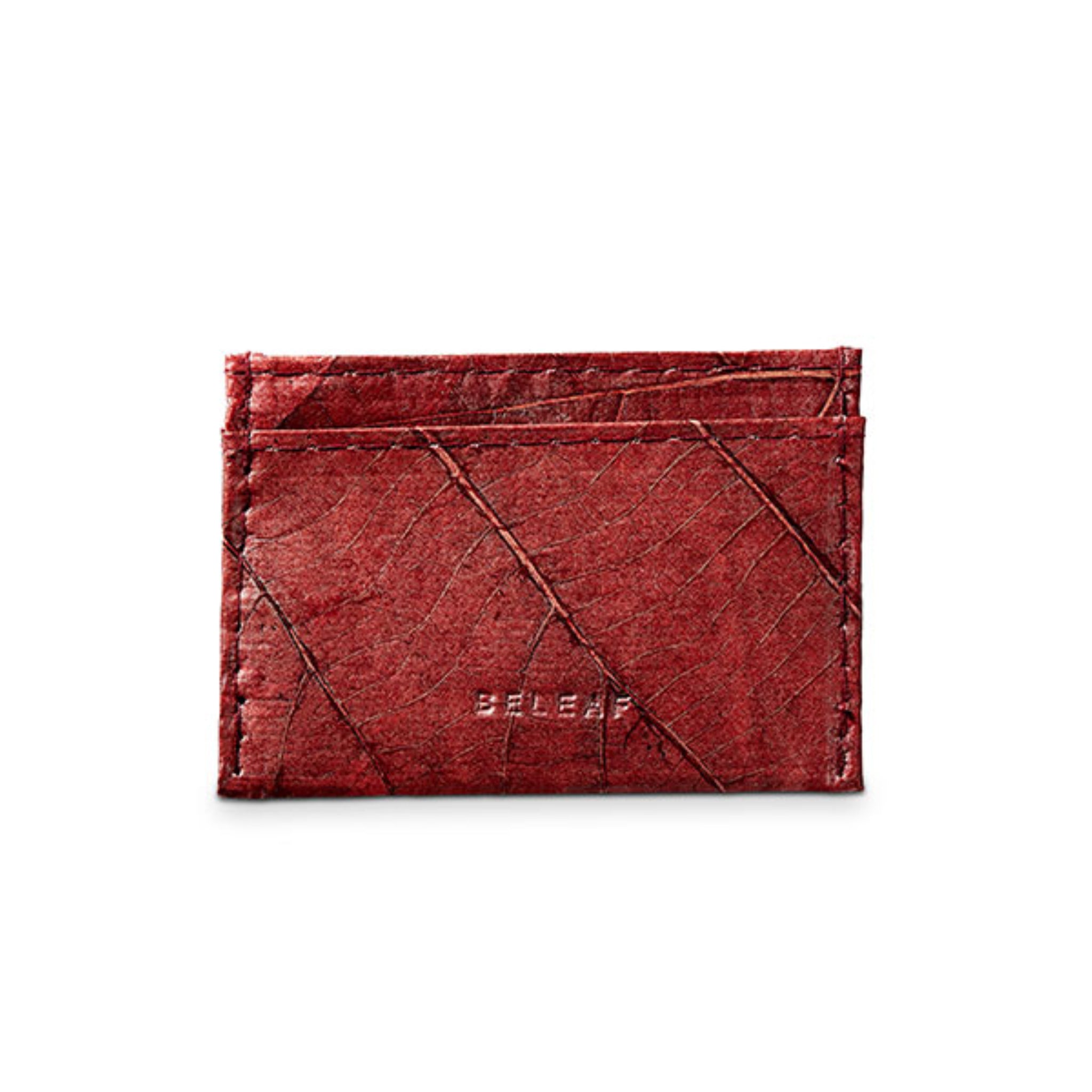 Rote Geldbörse aus Blattleder mit Blattstruktur und sichtbarem Nahtdesign.