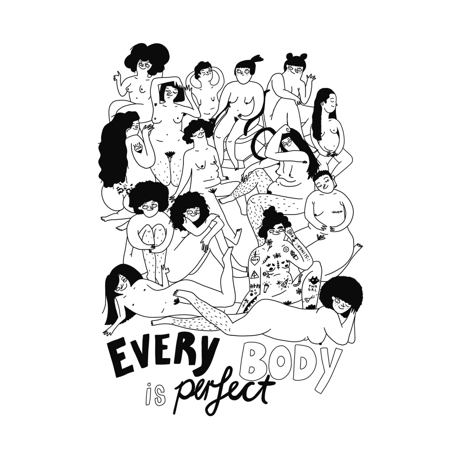 Schwarz-weiße Illustration von vielfältigen Körpern, umgeben von dem Text "Every Body is Perfect".