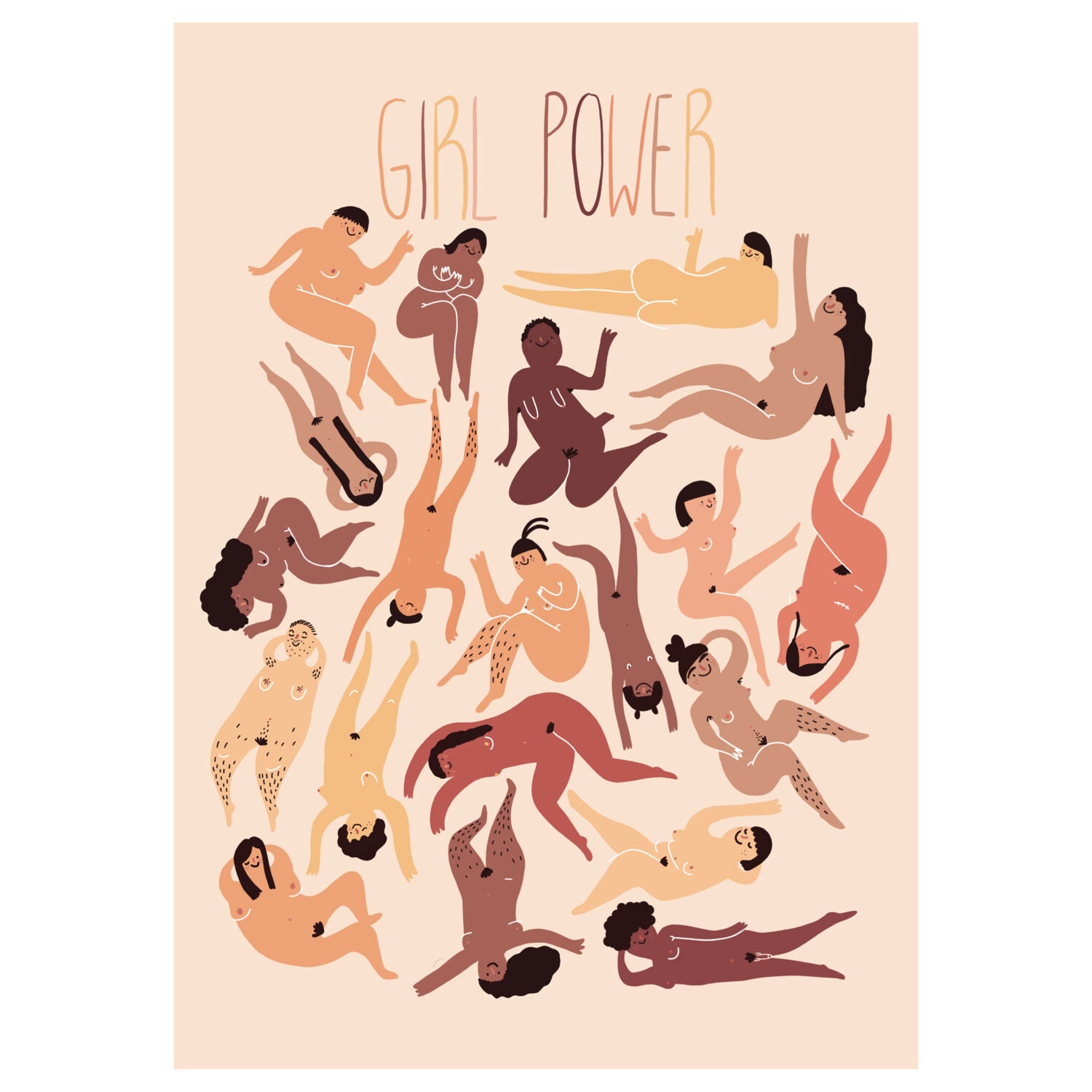 Illustration von Frauen in verschiedenen Posen auf beigem Hintergrund, darüber steht "GIRL POWER".