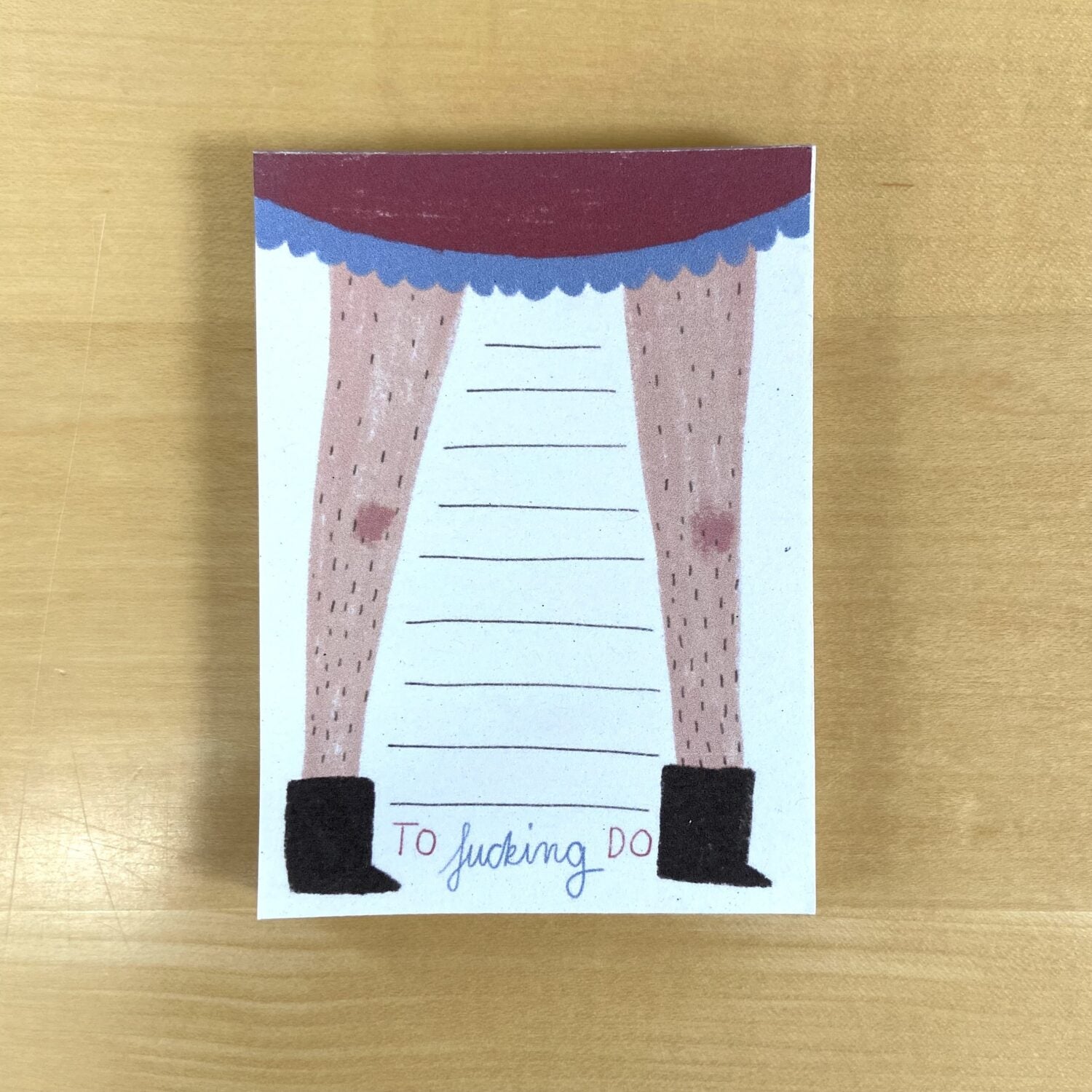 Illustration einer To-do-Liste, die wie Beine in einem Rock und Stiefeln aussieht, mit dem Text "To fucking Do".