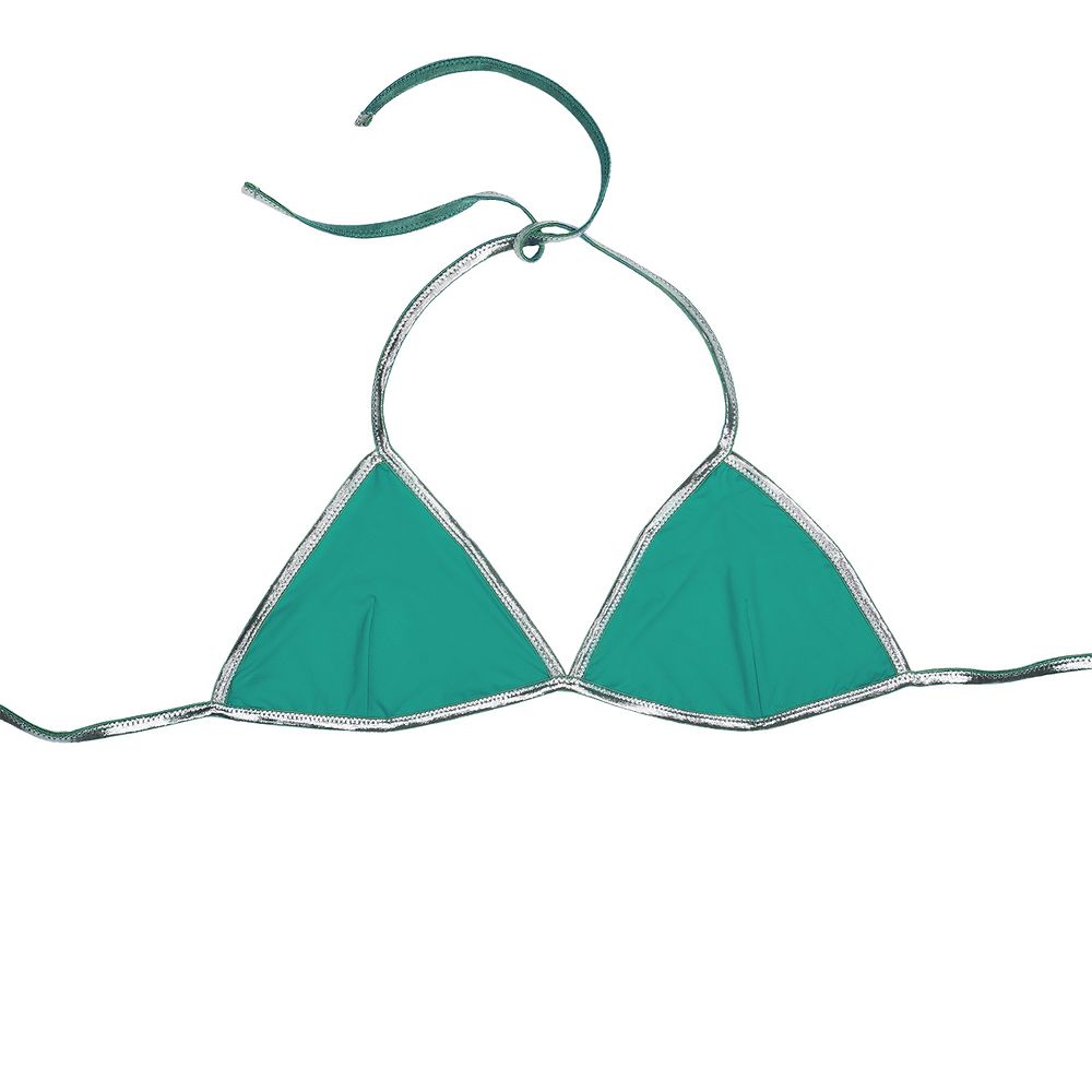 Grünes Bikini-Oberteil mit silbernem Rand und Halterneck-Design auf weißem Hintergrund.