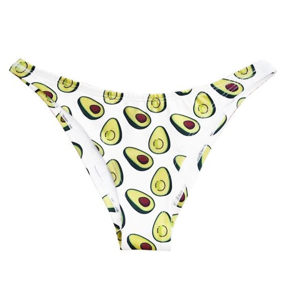 Weiße Bikinihose mit Avocado-Muster.