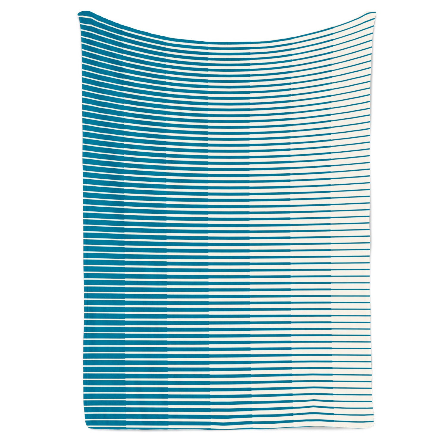 Eine Decke mit blau-weißen horizontalen Streifen in einem sich verjüngenden Muster.