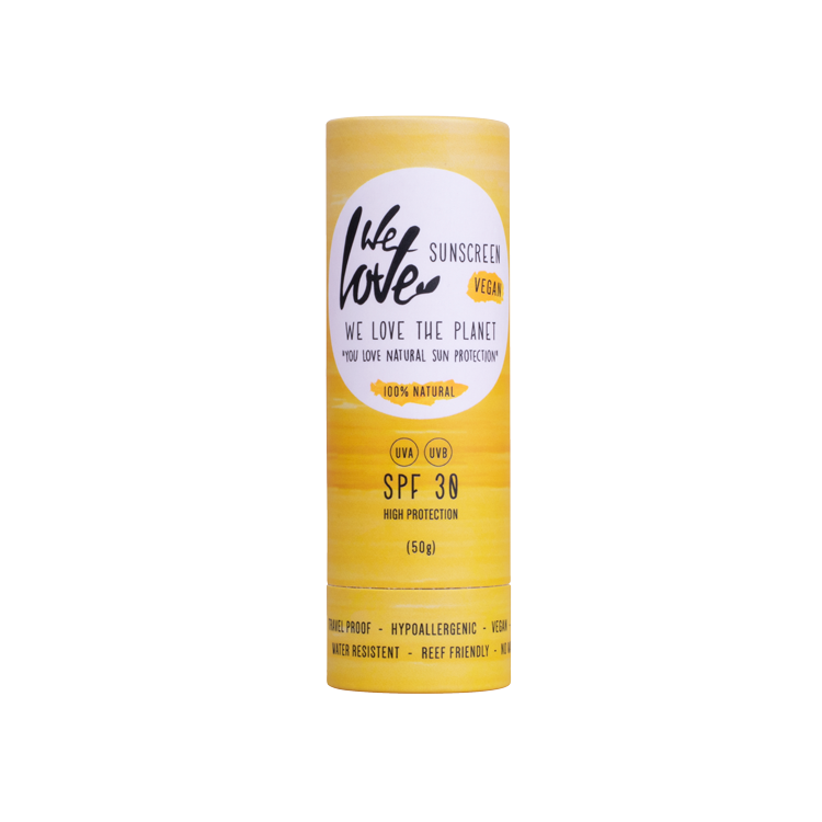 Gelbe Verpackung von We Love Sunscreen mit SPF 30, vegan und 100% natürlich.