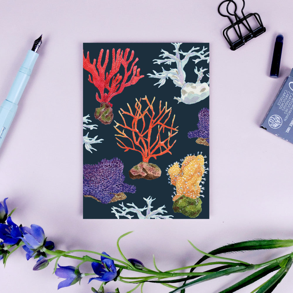 Postkarte mit bunten Korallenillustrationen auf dunklem Hintergrund, umgeben von Schreibutensilien und Blume.