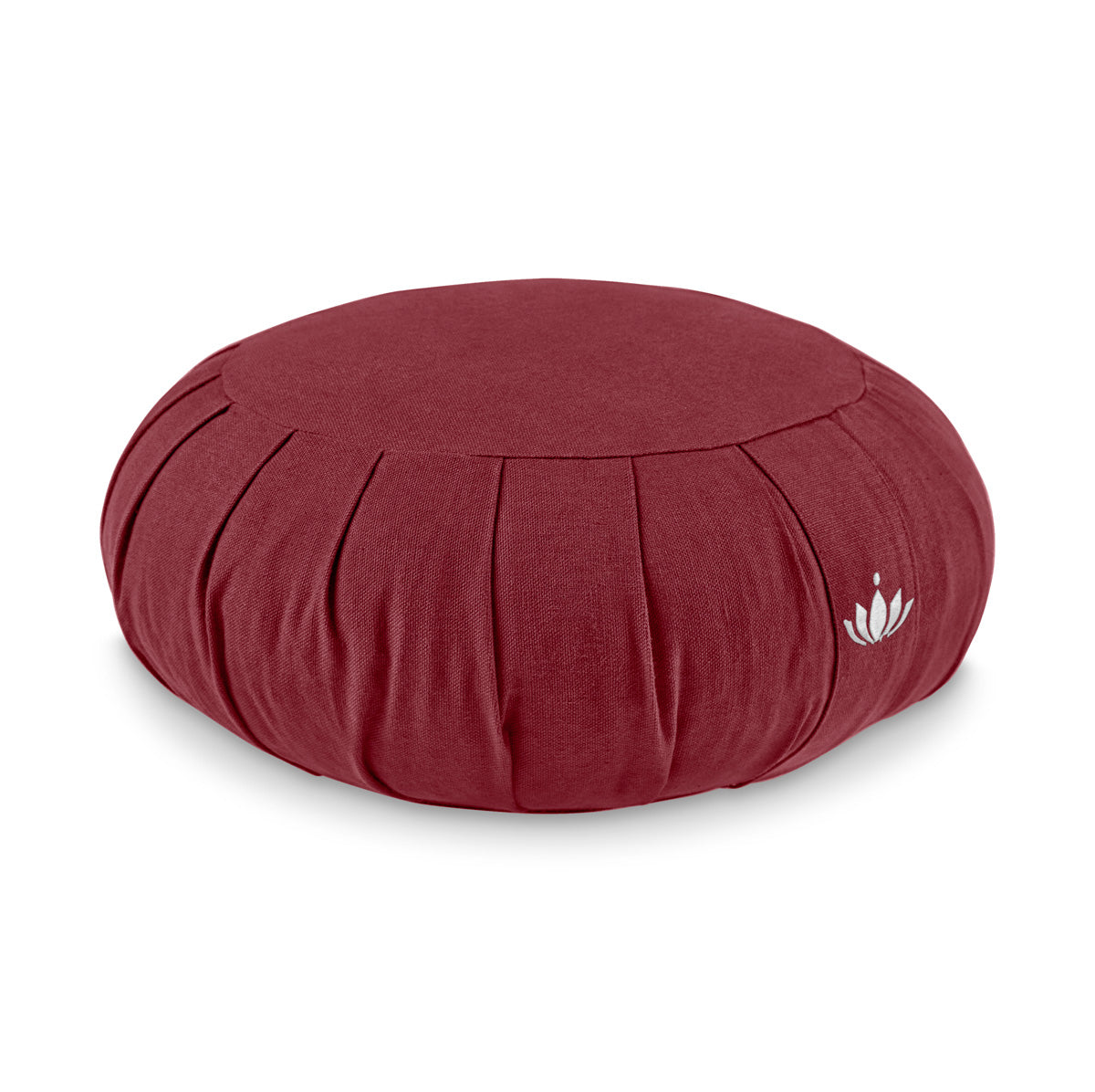 Rundes, rotes Meditationskissen mit einer kleinen weißen Lotusstickerei auf der Seite.
