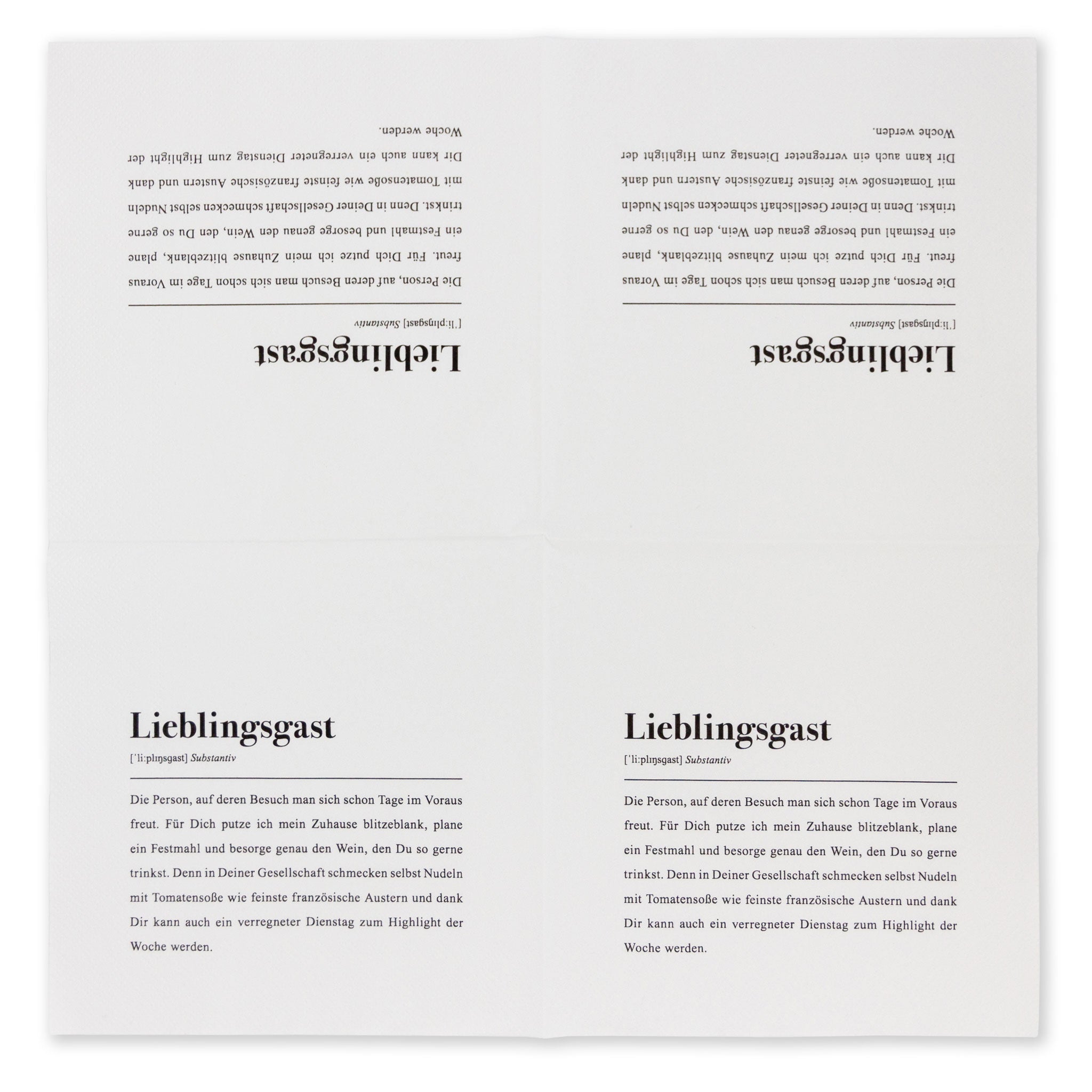 Serviette mit dem Text "Lieblingsgast" und einer Beschreibung in deutscher Sprache, die auf positive Gastbesuche hinweist.