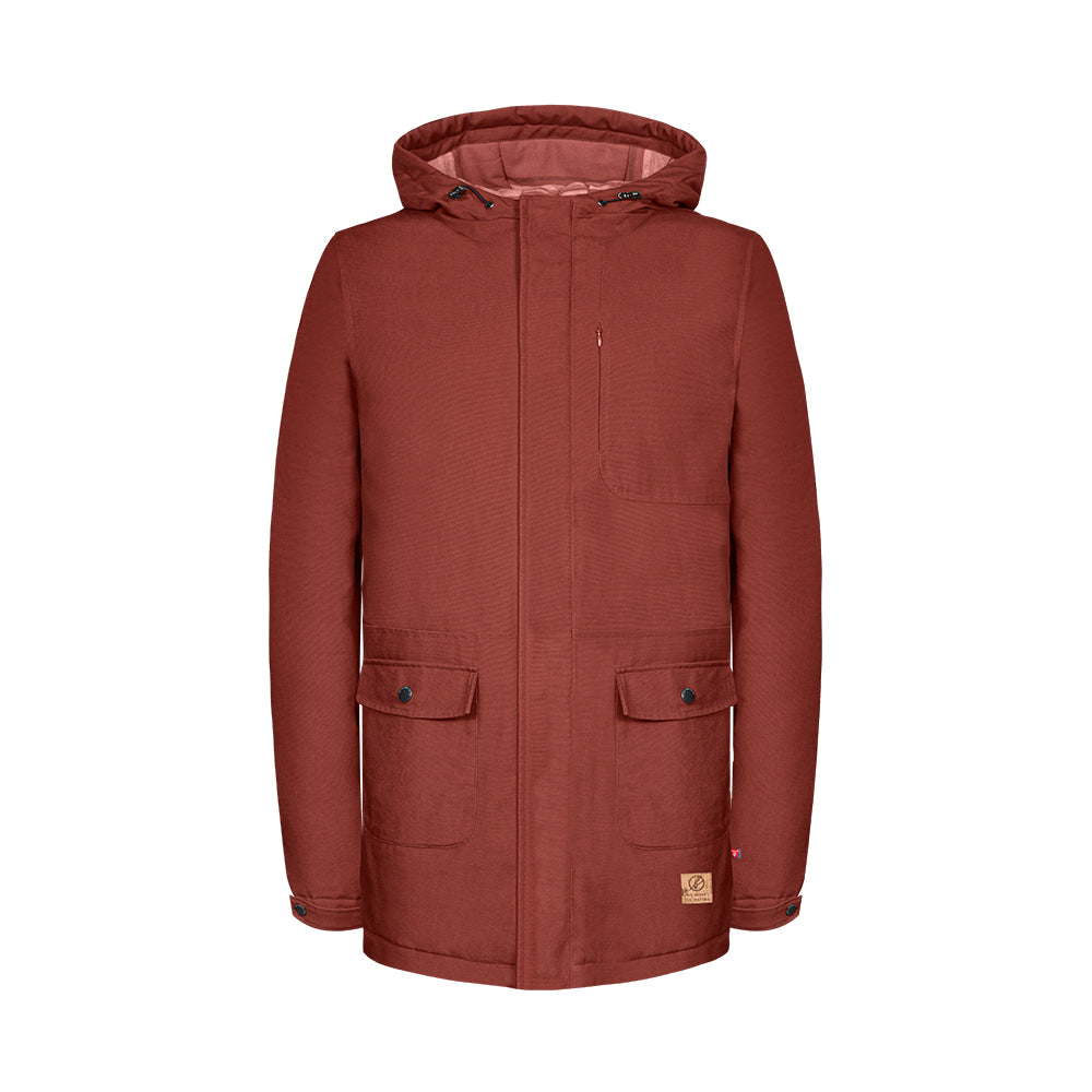 Rote Winterjacke mit Kapuze, zwei aufgesetzten Taschen und Knopfdetails, vor weißem Hintergrund.