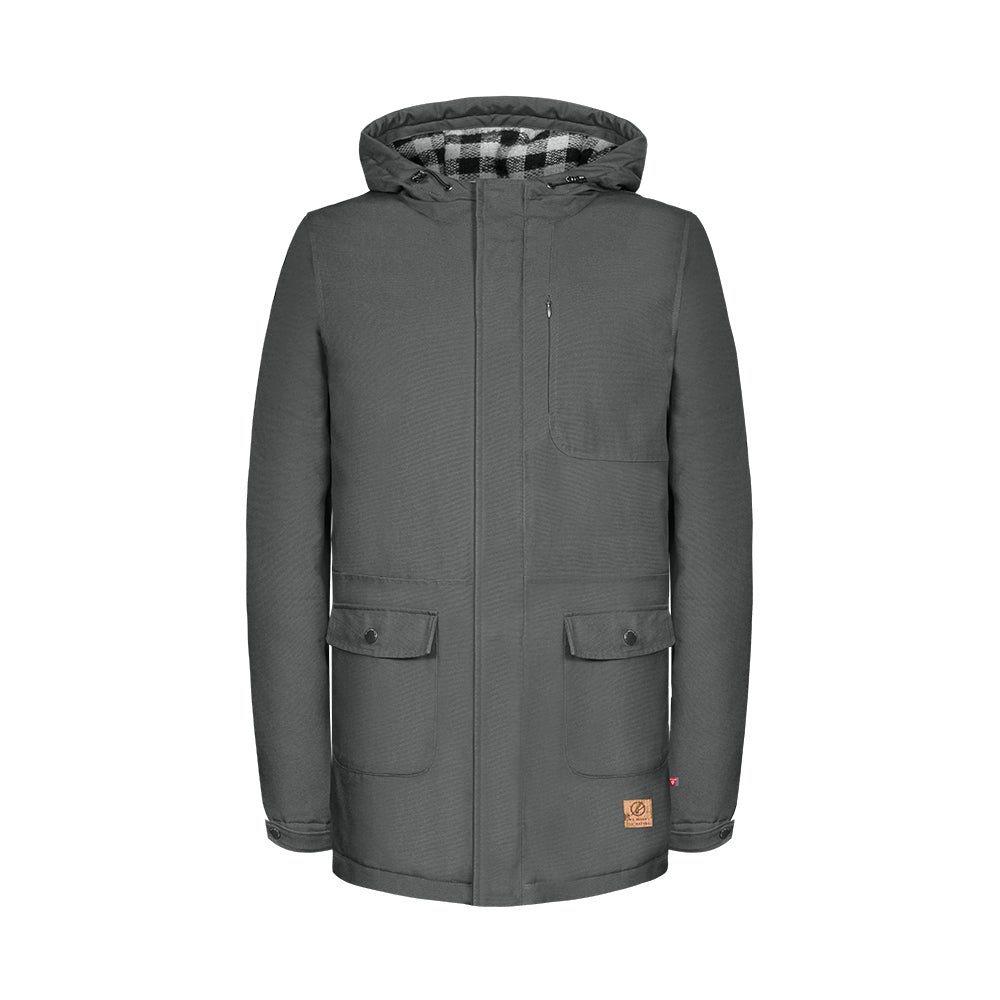 Graue Herrenjacke mit Kapuze, Knöpfen und Taschen, schwarzes kariertes Innenfutter, minimalistischem Design.