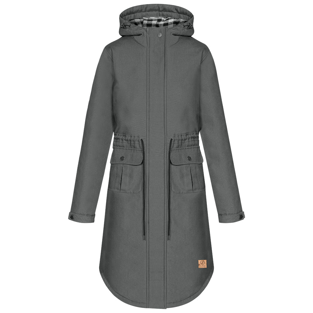 Grauer Parka mit Kapuze, Kordelzug in der Taille und großen Klapptaschen auf der Vorderseite.