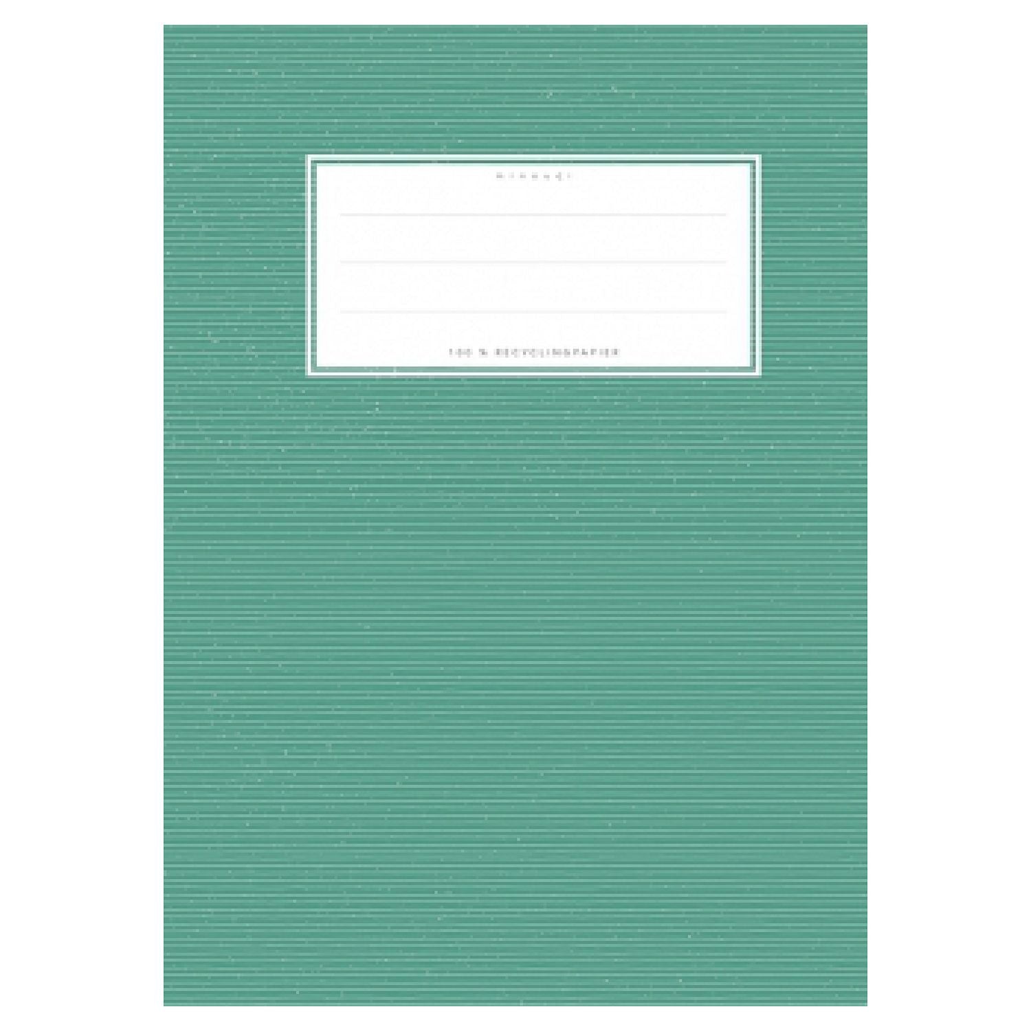 Grünes Notizbuch mit weißen horizontalen Linien und einer weißen Etikettenbox oben in der Mitte.