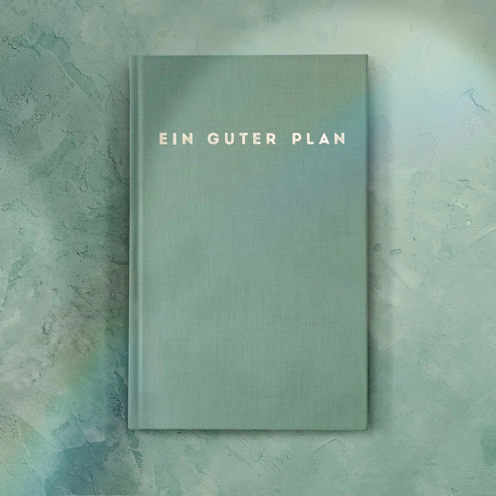 Ein hellgrünes Buch mit dem Titel "Ein guter Plan" liegt auf einem strukturierten, grünen Hintergrund.