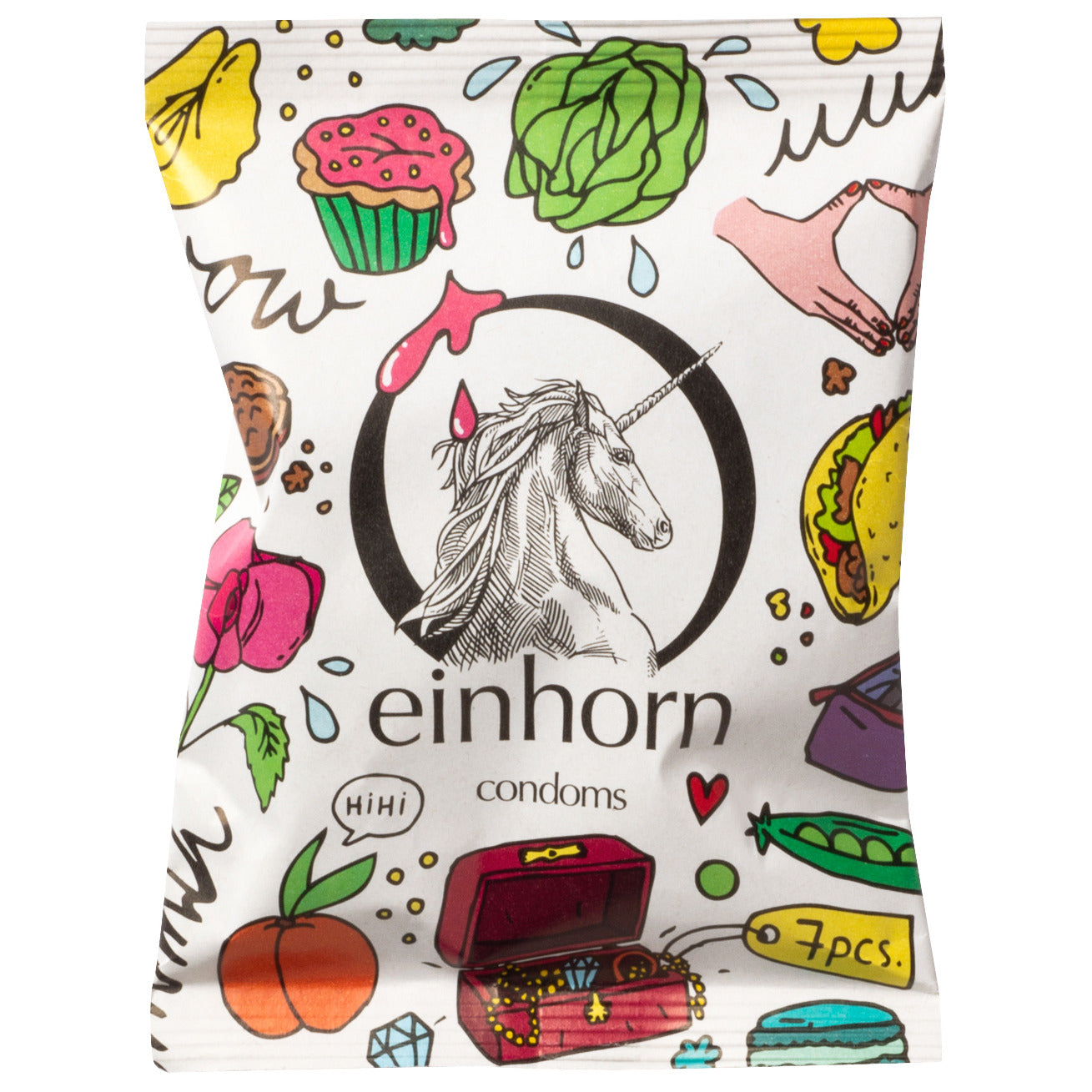 Bunte Verpackung von Einhorn-Kondomen mit Einhorn-Logo und verschiedenen Illustrationen wie Torte, Taco und Schatzkiste.