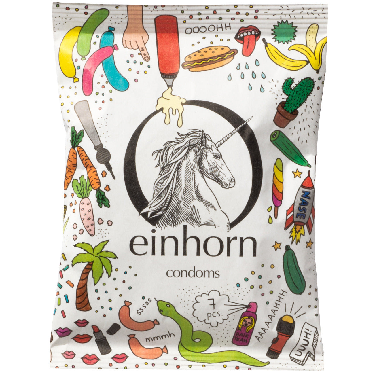 Verpackung von Einhorn Kondomen mit bunten Illustrationen und einem Einhorn in der Mitte.