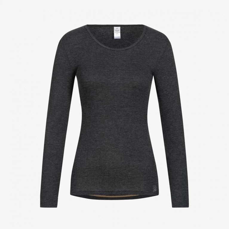 Dunkelgraues Langarmshirt auf weißem Hintergrund.