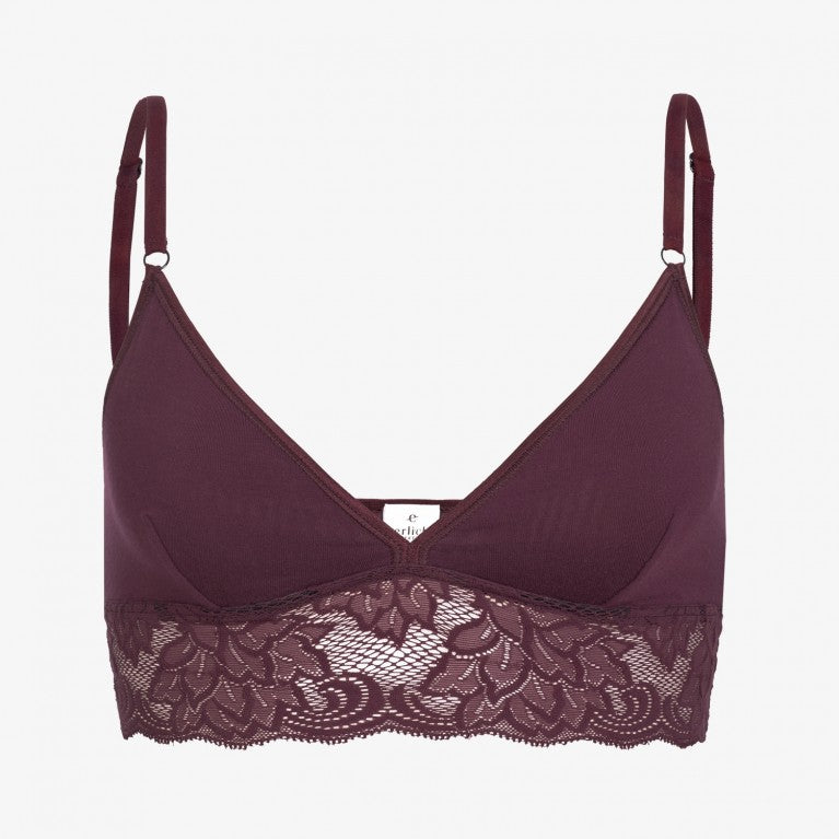 Bordeauxfarbener BH mit Spitze am unteren Rand und verstellbaren Trägern.