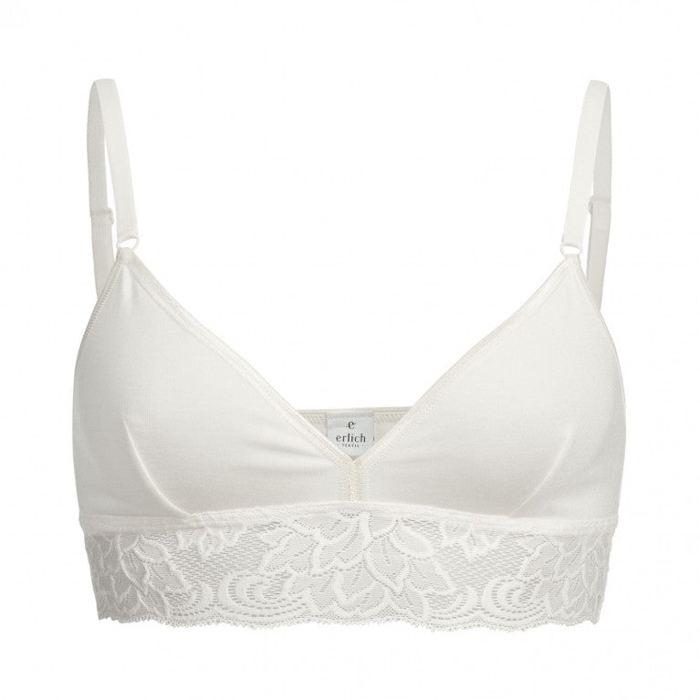 Weiße Damen-Bralette mit Spitze am Unterbrustband und verstellbaren Trägern.