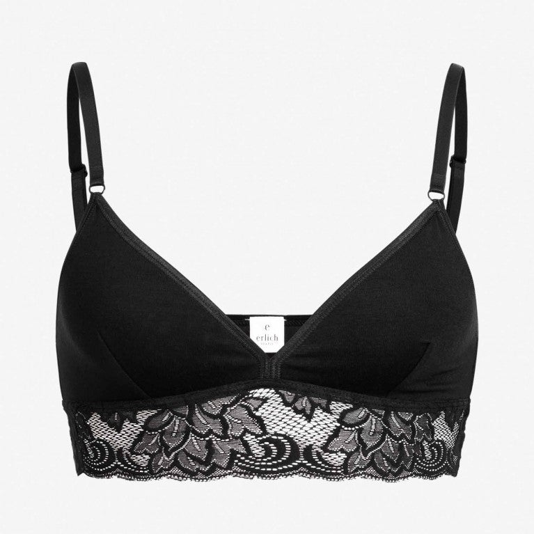 Schwarzer BH mit Spitzen-Details am Saum und verstellbaren Trägern auf weißem Hintergrund.