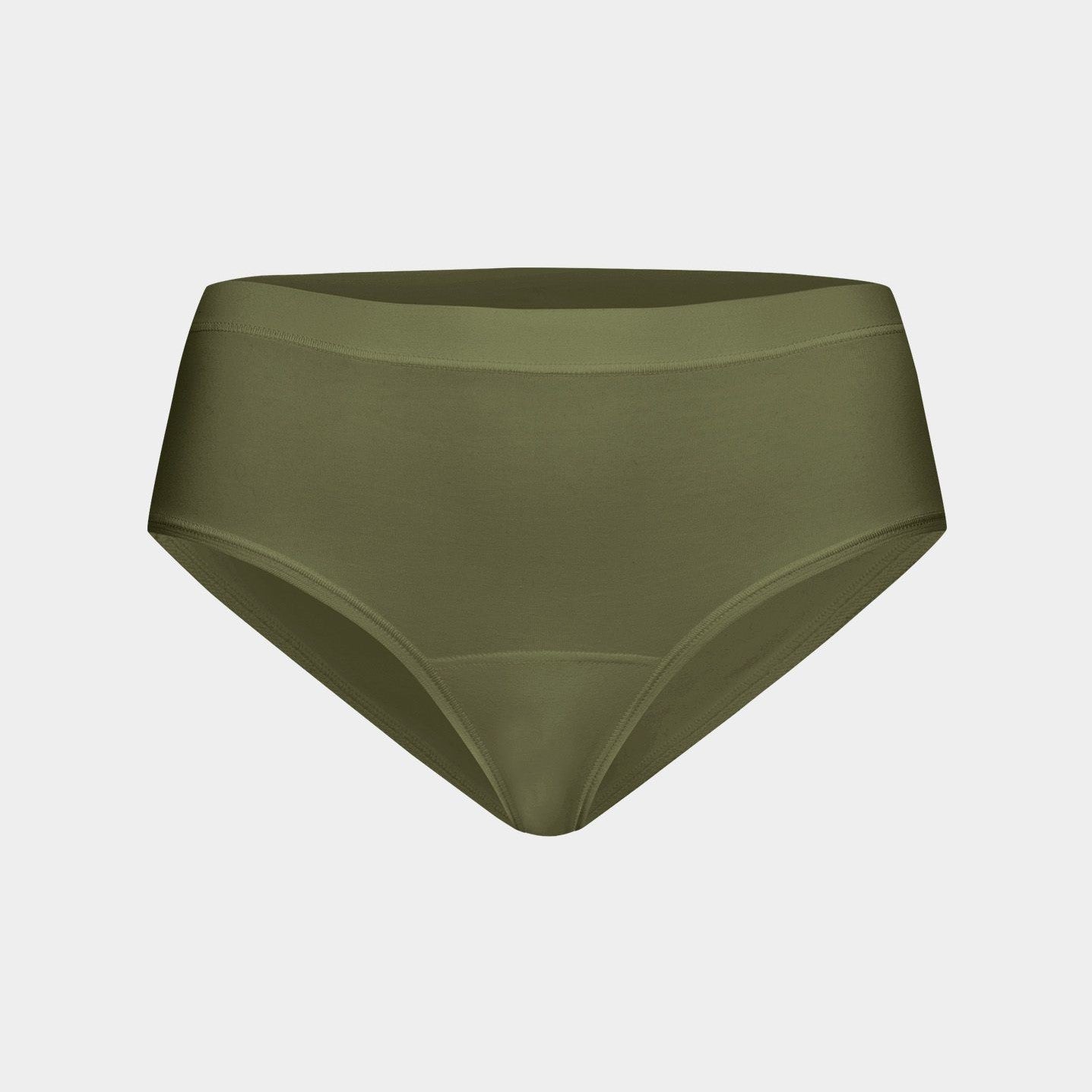 Grüne Damenunterhose aus glattem Stoff, vor weißem Hintergrund.
