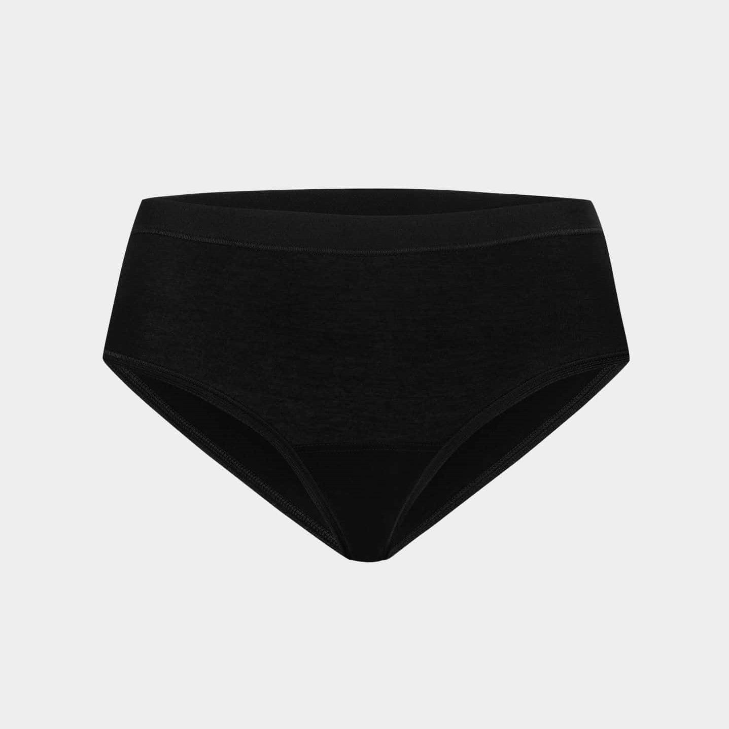 Schwarze Unterhose vor grauem Hintergrund, im Vordergrund zentriert.