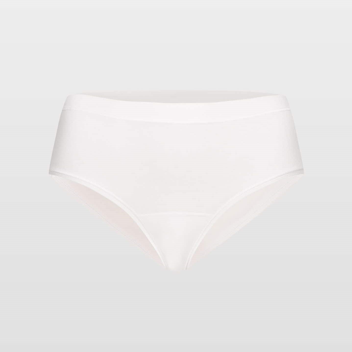 Weiße Damenunterhose vor grauem Hintergrund.