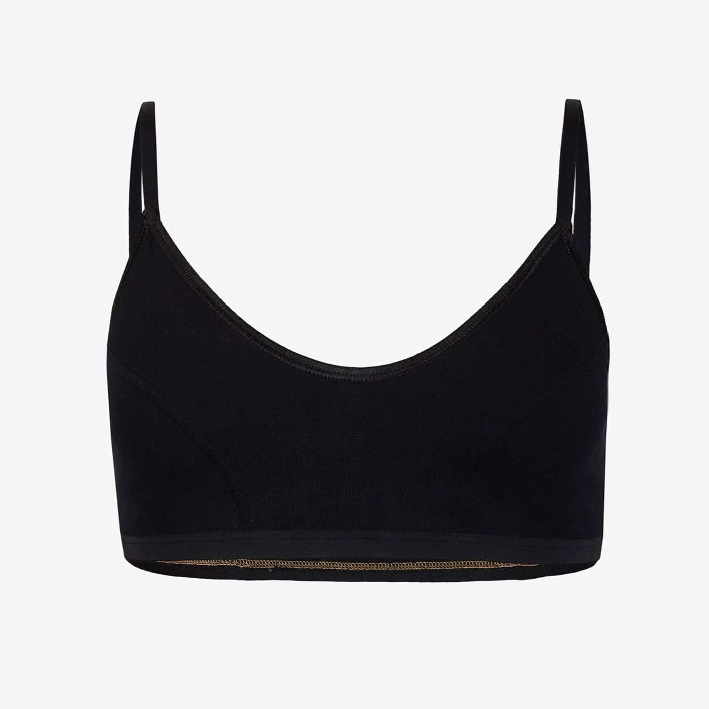 Schwarzes, ärmelloses Crop-Top mit dünnen Trägern und schlichtem Design vor weißem Hintergrund.