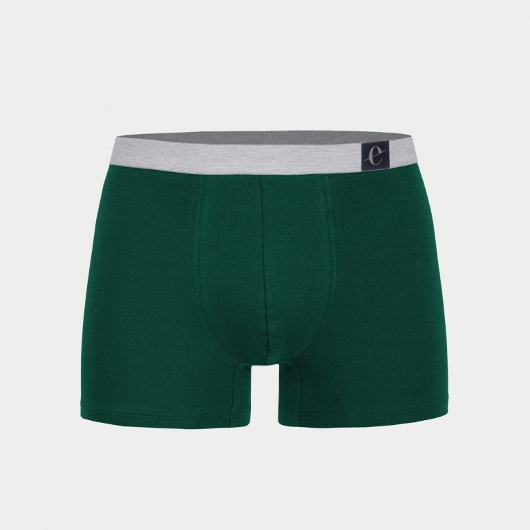 Grüne Boxershorts mit grauem Bund und einem kleinen, dunkelblauen Logo auf der rechten Seite des Bundes.